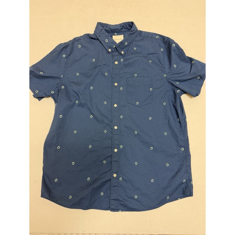 american eagle blue ss button up dress shirt, circles aop, men's xl